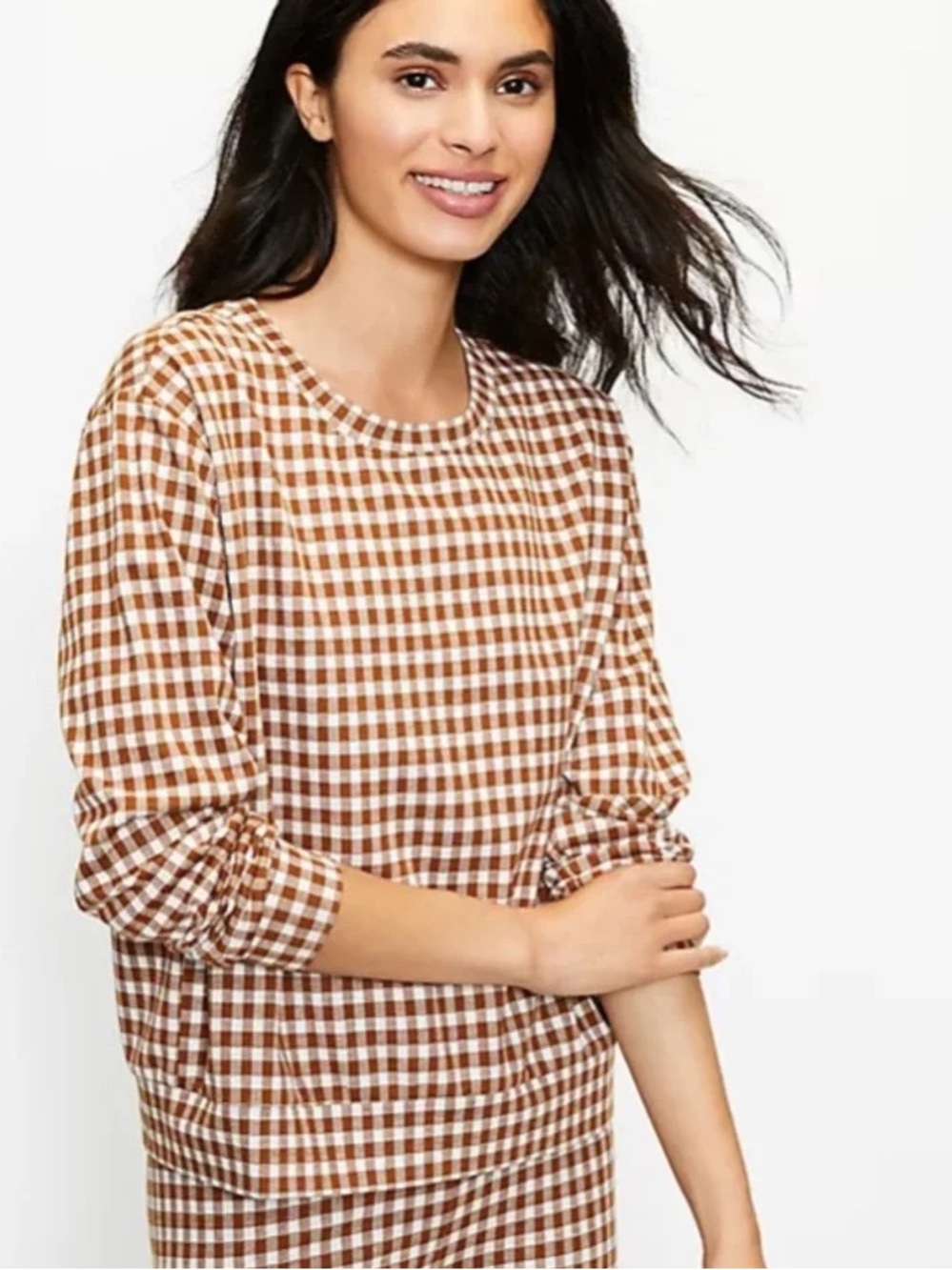 Lou & Grey Brown Gingham Check Pulliver Crew Sweatshirt